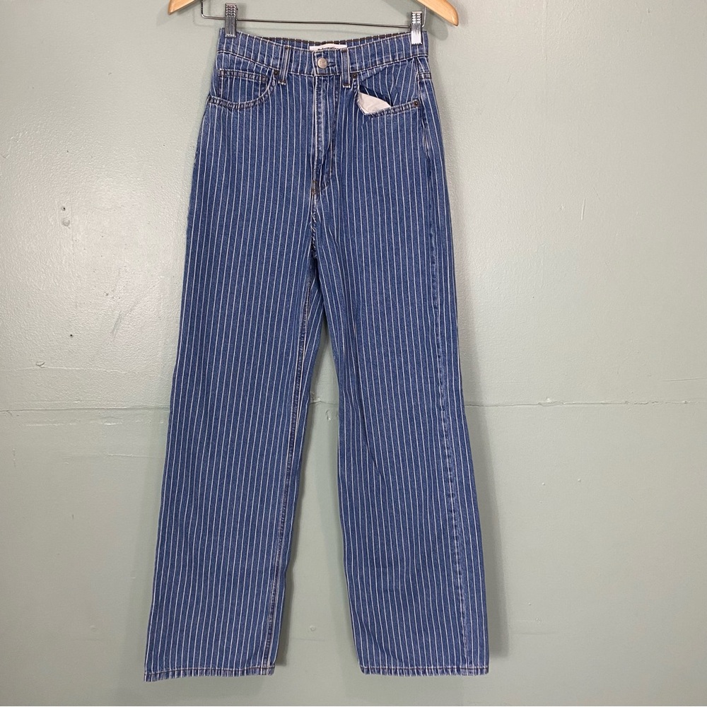Reformation Jeans Hailey Pinstripe High Rise Wide Leg Jeans Blue Size 25 - Picture 2 of 7